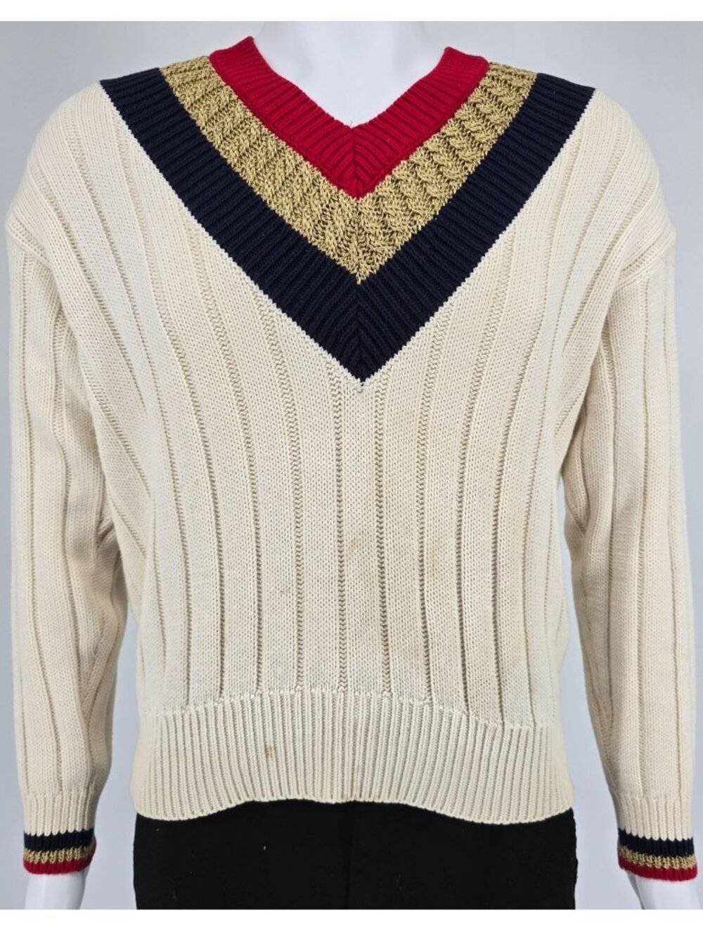 Vintage 1990s First Issue Women's Cable Knit V-Neck Tennis/Cricket Sweater (M)